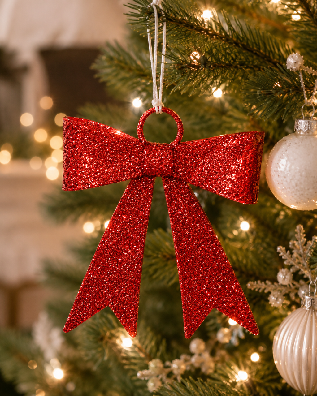 Red glitter bow Christmas ornament hanging on a decorated Christmas tree alongside pearl and silver baubles, warm fairy lights in background