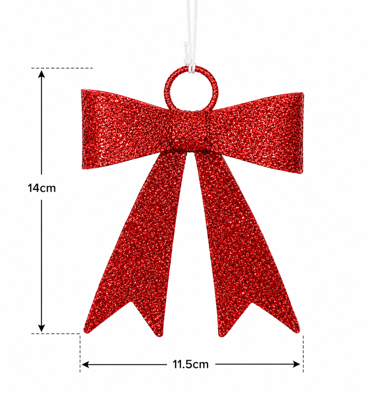 Red glitter bow Christmas ornament against white background with dimensions shown — 14cm tall by 11.5cm wide, white hanging cord visible
