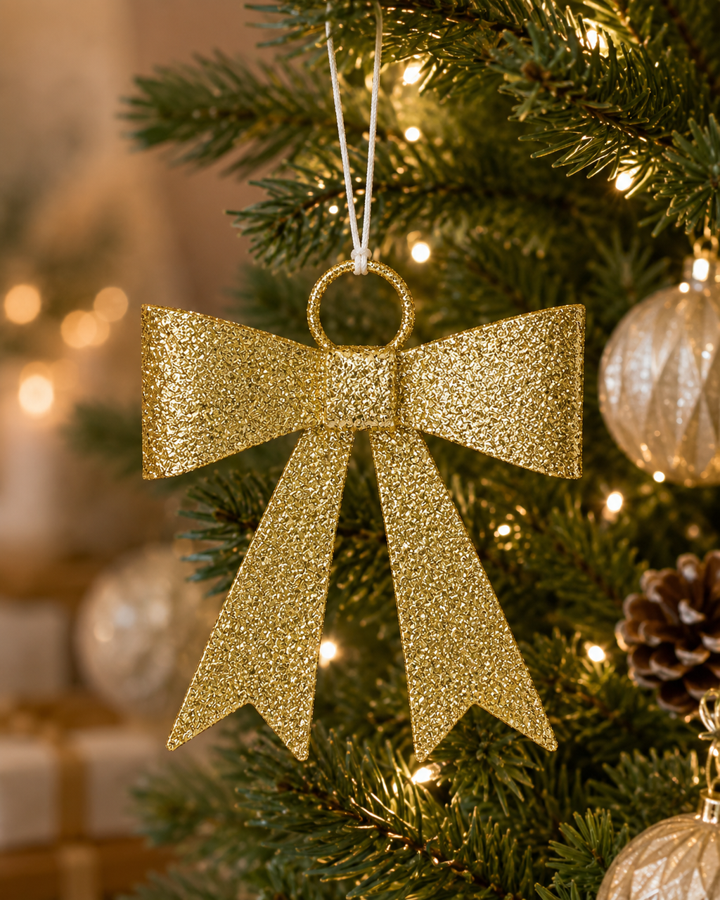 Gold glitter bow Christmas ornament hanging on a decorated Christmas tree with pearl baubles and pinecones, warm fairy lights in background