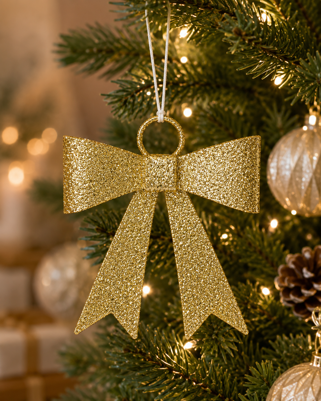 Gold glitter bow Christmas ornament hanging on a decorated Christmas tree with pearl baubles and pinecones, warm fairy lights in background