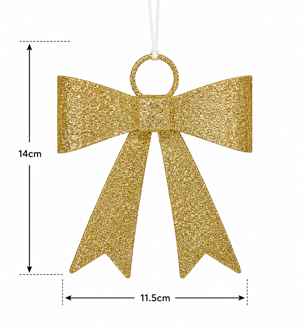 Gold glitter bow Christmas ornament against white background with dimensions — 14cm tall by 11.5cm wide, white hanging cord visible