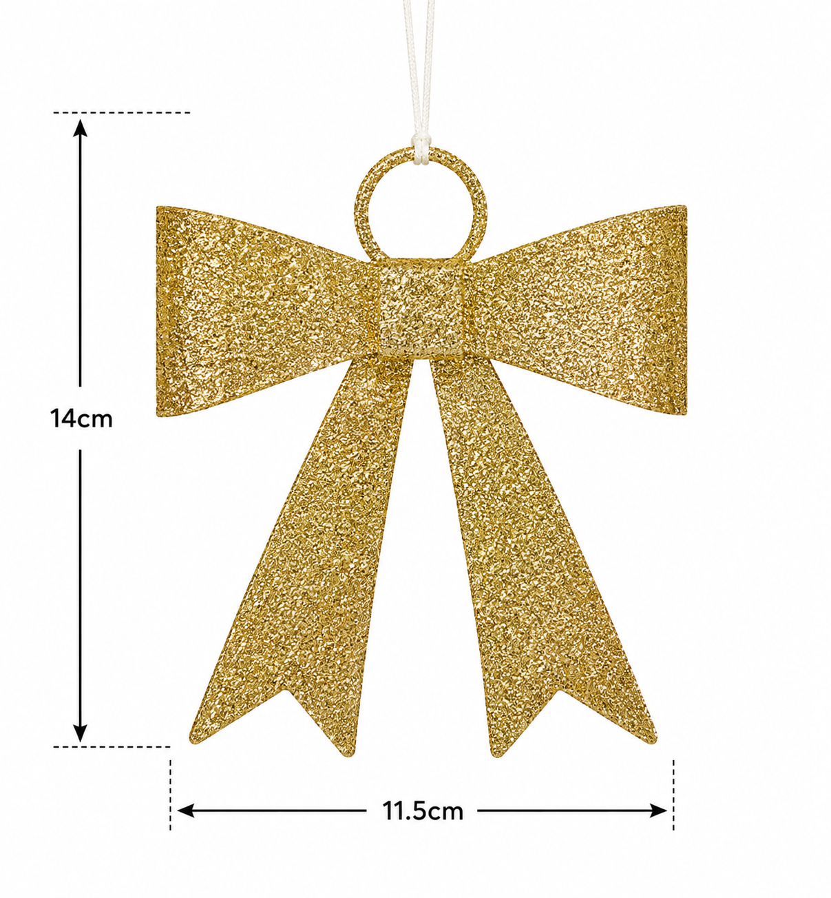 Gold glitter bow Christmas ornament against white background with dimensions — 14cm tall by 11.5cm wide, white hanging cord visible