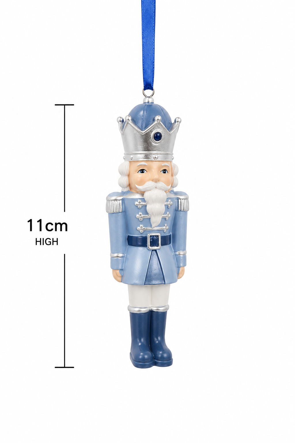 Blue and silver nutcracker king ornament on white background showing full 11cm height measurement, with silver crown helmet, fleur-de-lis jacket detail, navy boots and deep blue satin ribbon hanger