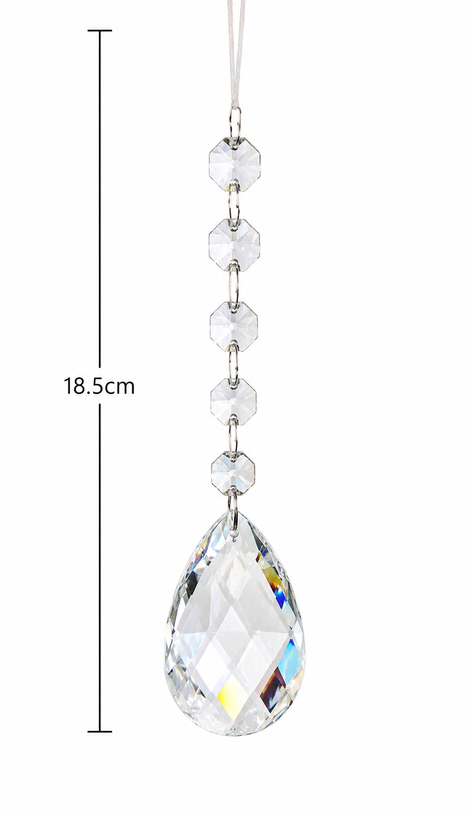 Clear crystal pear drop ornament on white background showing 18.5cm total length measurement, with five octagonal faceted beads on silver links and large multifaceted teardrop pendant with iridescent light refraction