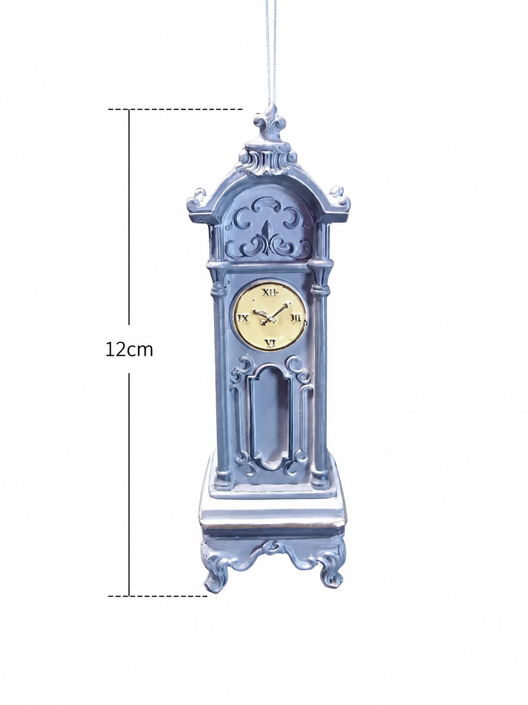 Dusty blue grandfather clock ornament on white background showing full detail and 12cm height measurement, with ornate scrollwork, gold clock face and silver ribbon hanger