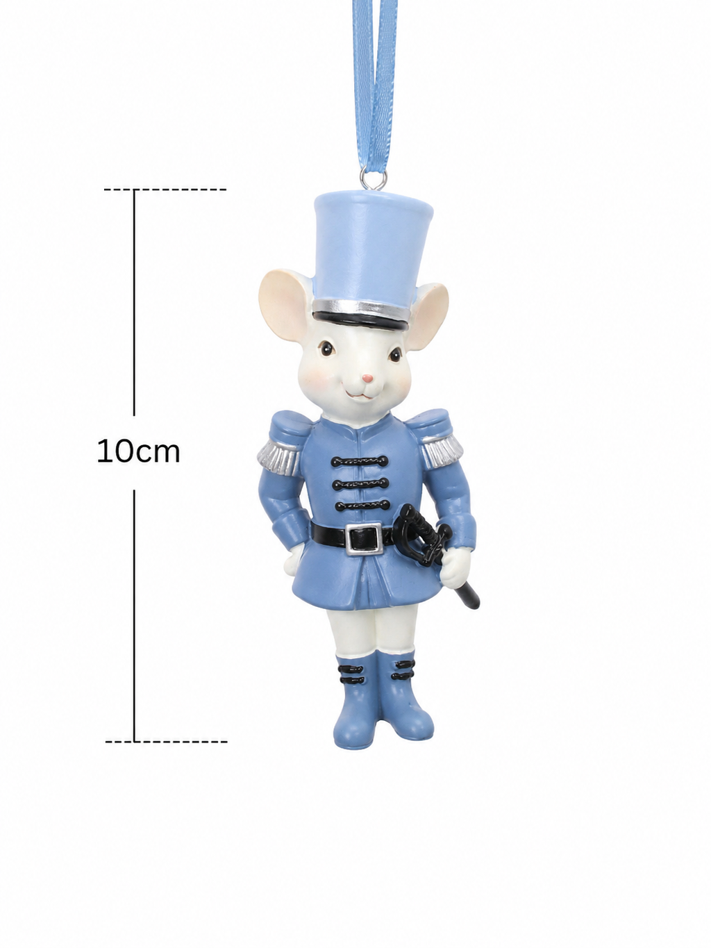 Blue mouse soldier ornament on white background showing full detail and 10cm height measurement, with powder blue nutcracker uniform, black trim, silver epaulettes and blue satin ribbon hanger