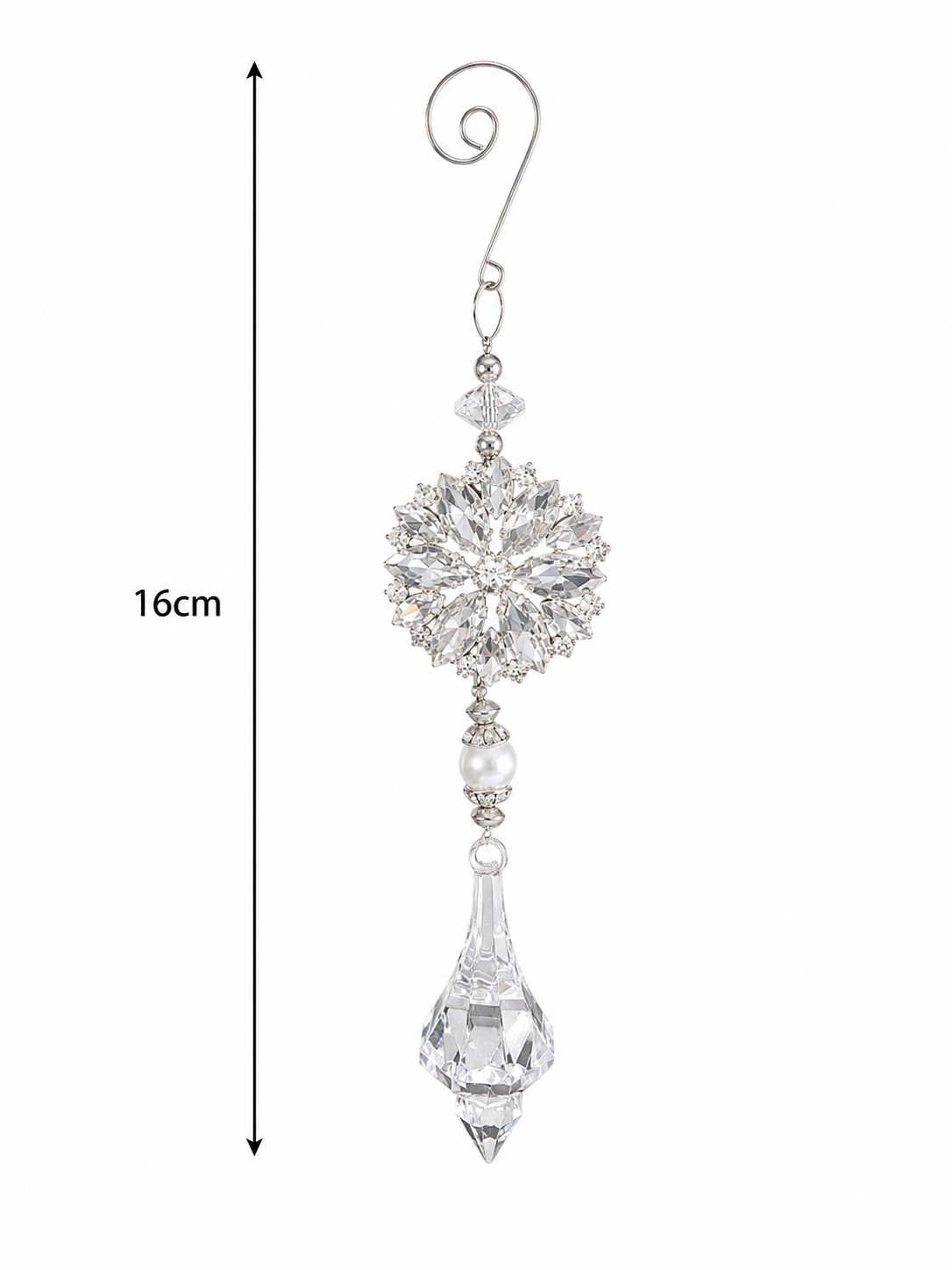 Crystal snowflake and drop ornament on white background with 16cm height measurement, showing the silver scroll hook, bicone bead, snowflake medallion with marquise crystals, pearl bead connector and faceted crystal finial drop
