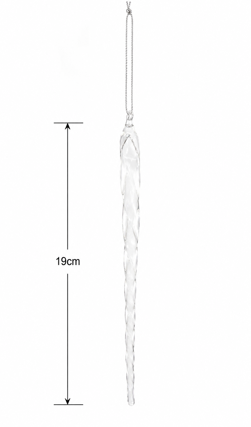 Clear glass twisted icicle ornament on white background showing 19cm height measurement, with silver cord hanger and tapered spiral form
