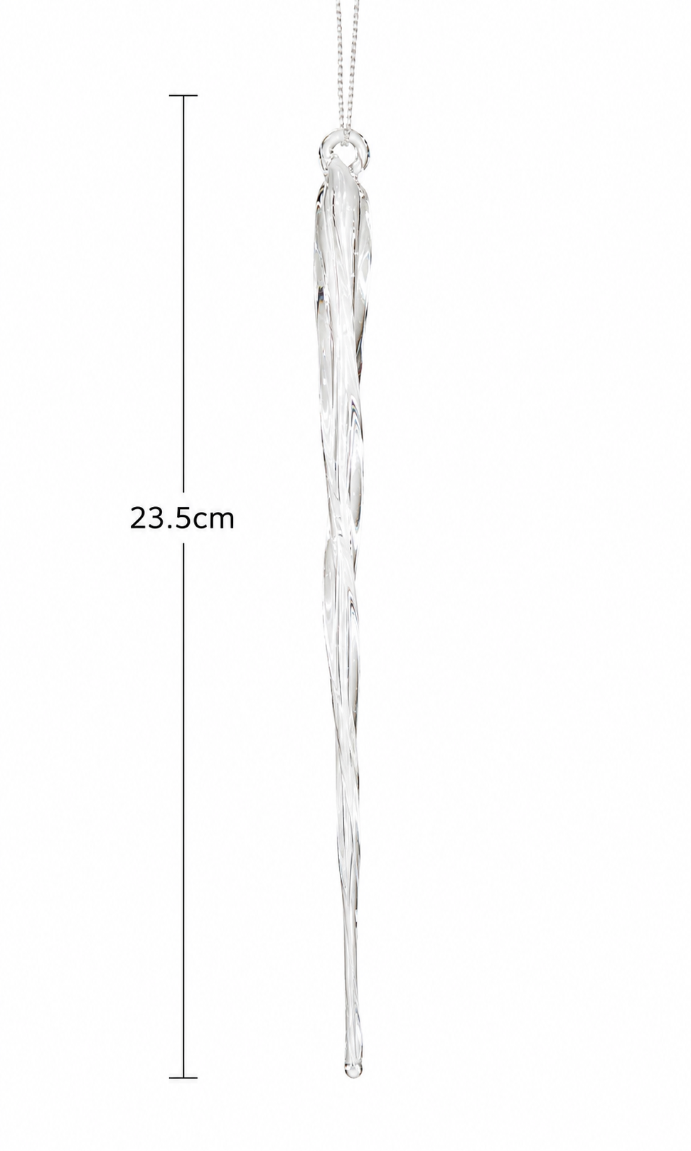 Clear glass braided icicle ornament on white background with 23.5cm height measurement, showing the integrated glass loop hanger and detailed multi-strand twist tapering to a fine point