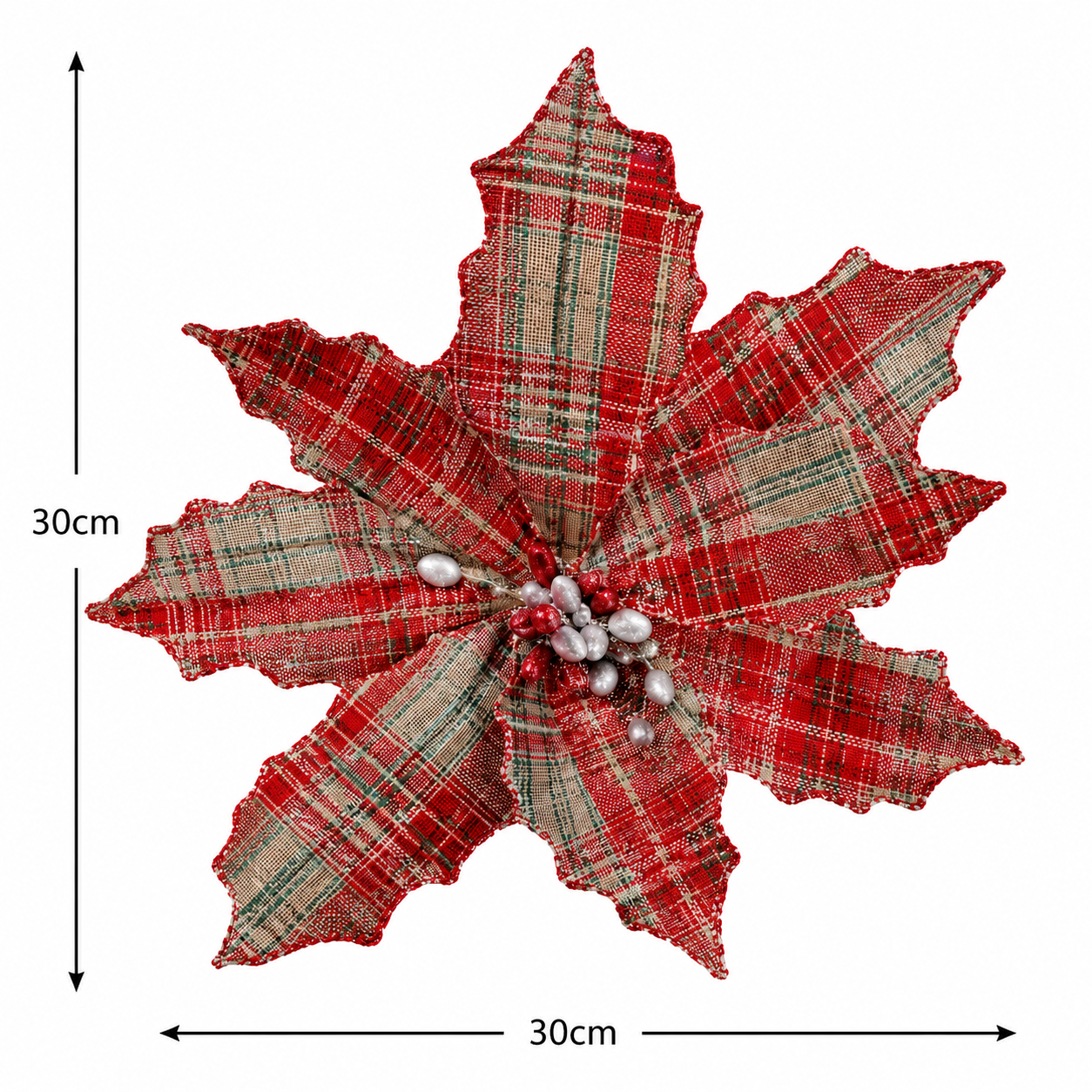 Flat lay of a single tartan plaid poinsettia pick showing 30cm diameter with silver and red berry centre detail