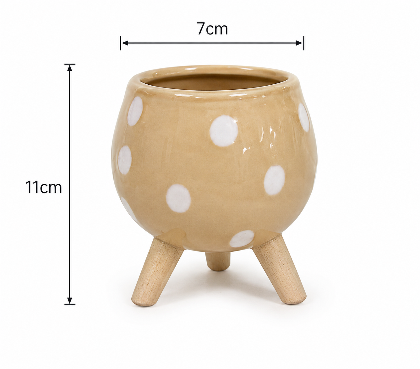 Mustard spotty ceramic footed pot on white background showing 7cm width and 11cm height dimensions