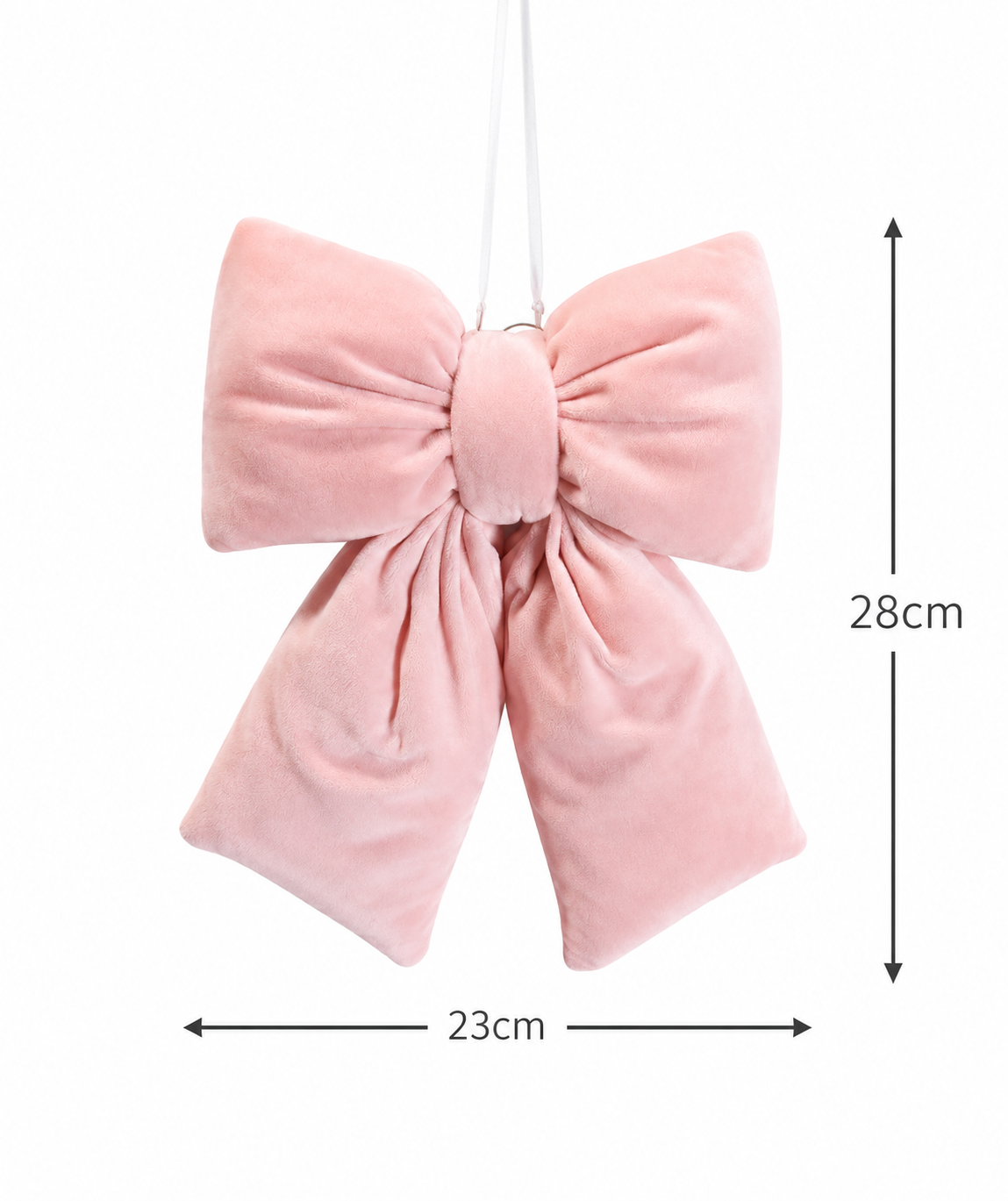 Blush pink velvet bow decoration with satin ribbon hanger on white background showing dimensions — 28cm high x 23cm wide — Mistletoe Home