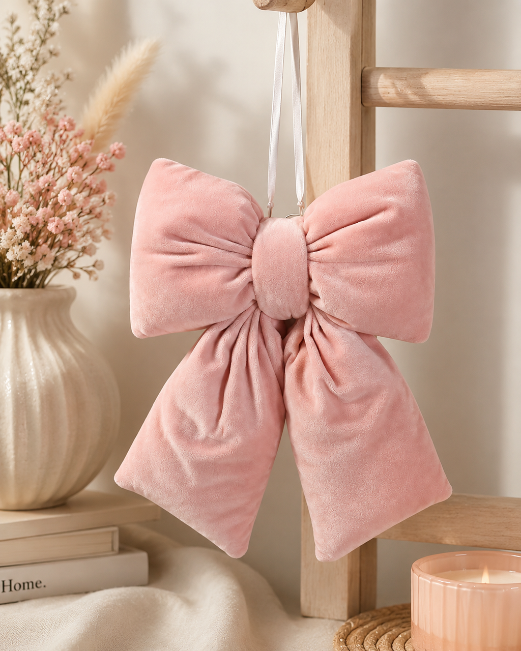 Large blush pink velvet bow hanging from a timber ladder shelf styled with a white ceramic vase of dried pink flowers, stacked books and a pink candle — Mistletoe Home
