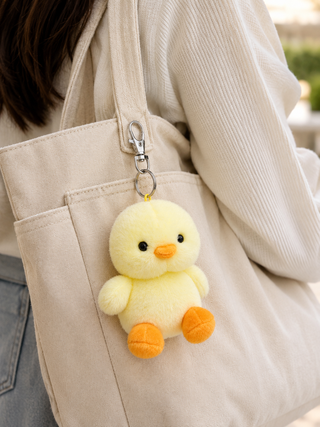 Betsy Chick plush keyring clipped to a canvas tote bag