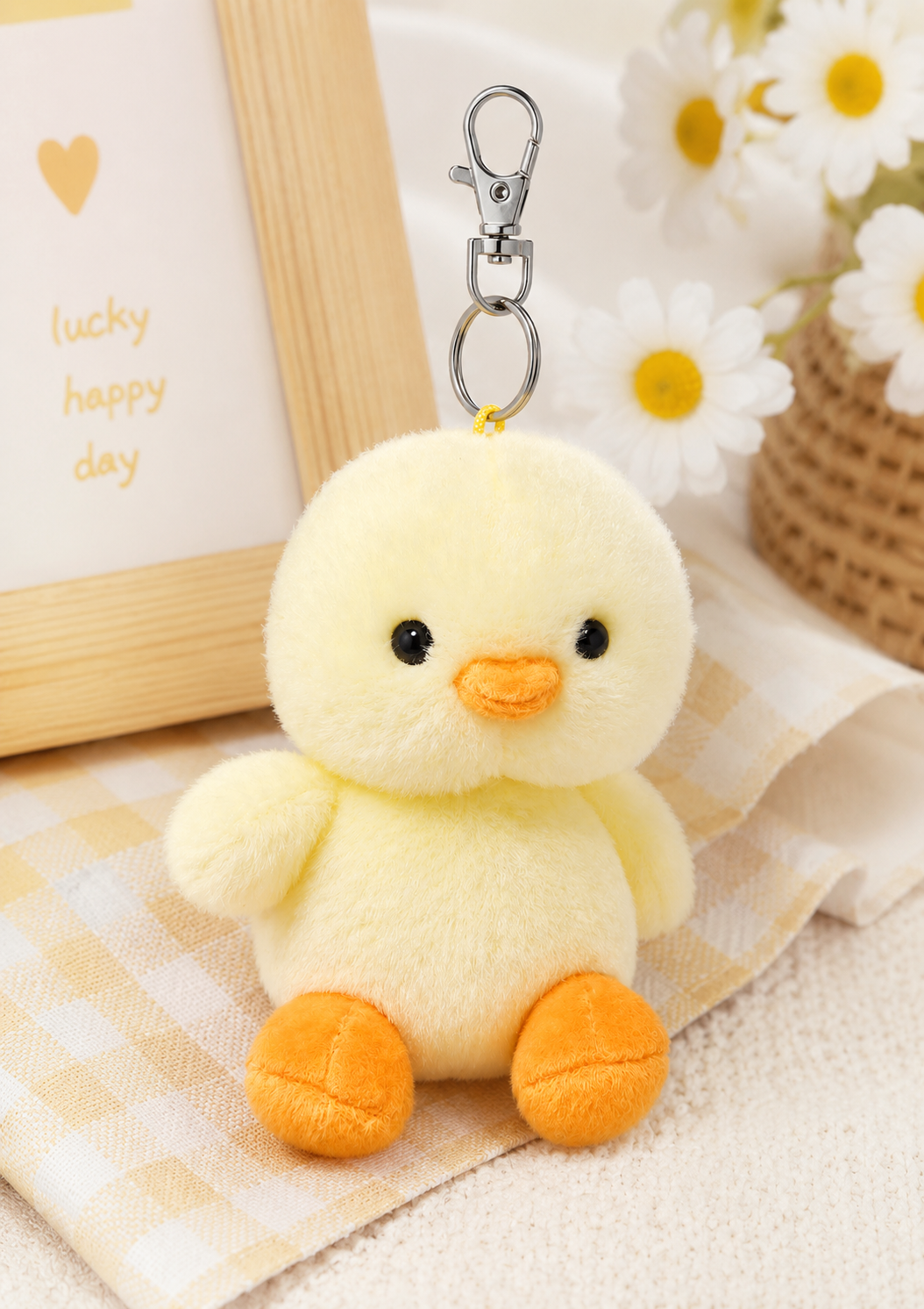 Betsy Chick plush keyring styled with daisies and gingham fabric