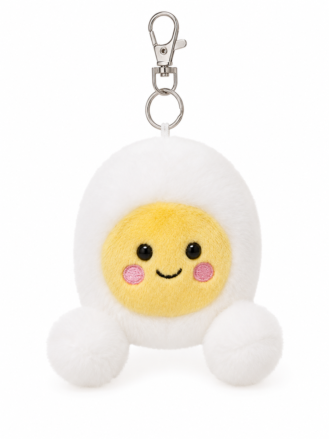 Bobby Egg plush bag charm keyring on white background — fluffy white egg body, yellow yolk face with embroidered pink rosy cheeks and black bead eyes, two white pompom feet, silver lobster clasp