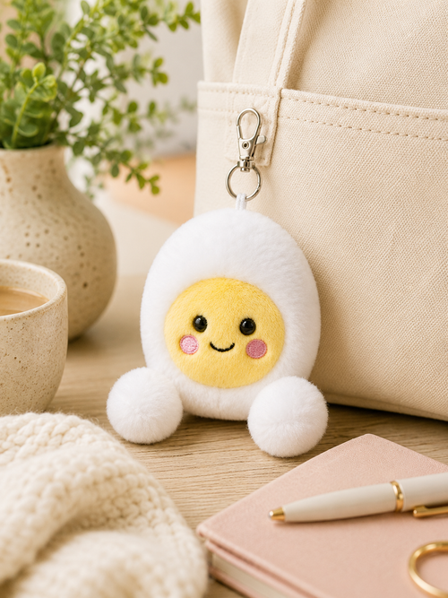 Bobby Egg plush bag charm keyring clipped to a cream canvas bag on a wooden table, styled with a pink notebook, pen, and ceramic coffee cup