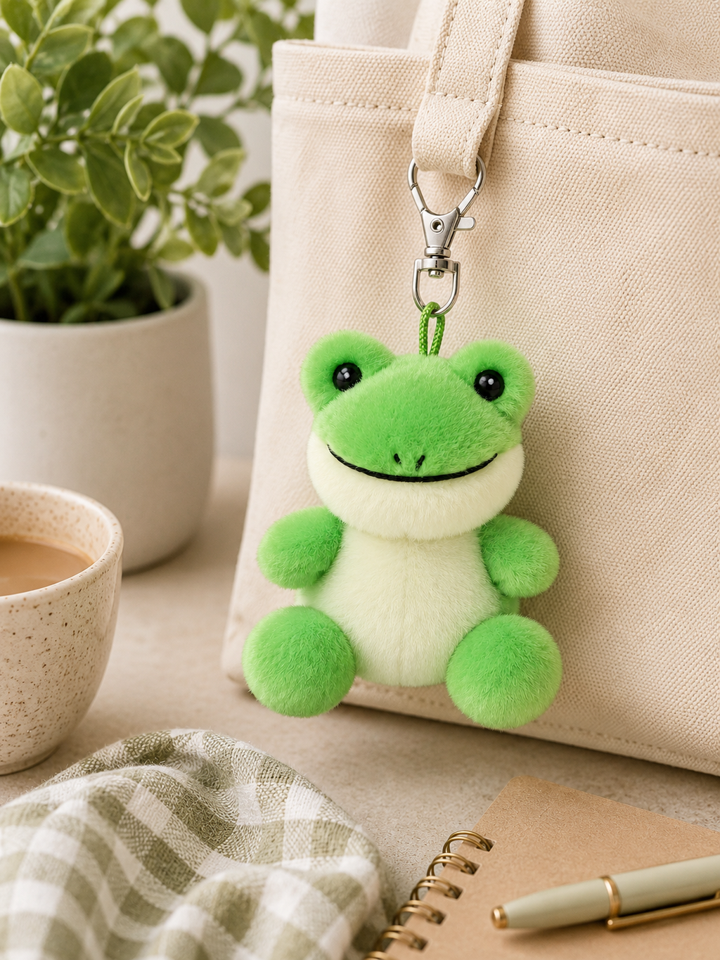 Ribbits Frog plush bag charm keyring clipped to a cream canvas tote bag, styled on a table with a ceramic coffee cup, gingham cloth, notebook and pen, and a potted plant