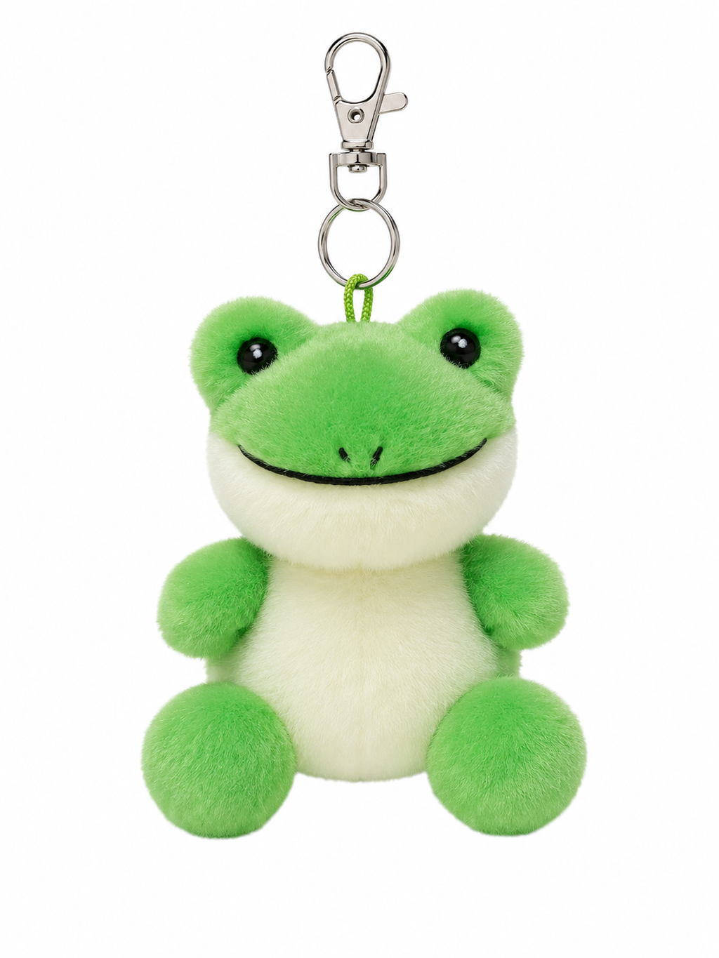 Ribbits Frog plush bag charm keyring on white background — bright green fluffy frog body with cream belly, round bead eyes, embroidered smile, four pompom hands and feet, green cord loop and silver lobster clasp