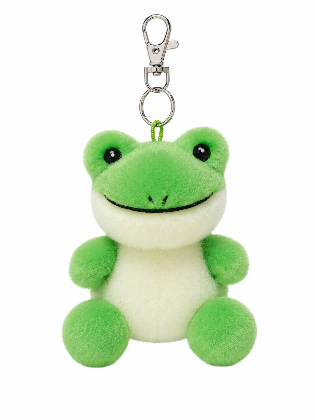 Ribbits Frog plush bag charm keyring on white background — bright green fluffy frog body with cream belly, round bead eyes, embroidered smile, four pompom hands and feet, green cord loop and silver lobster clasp