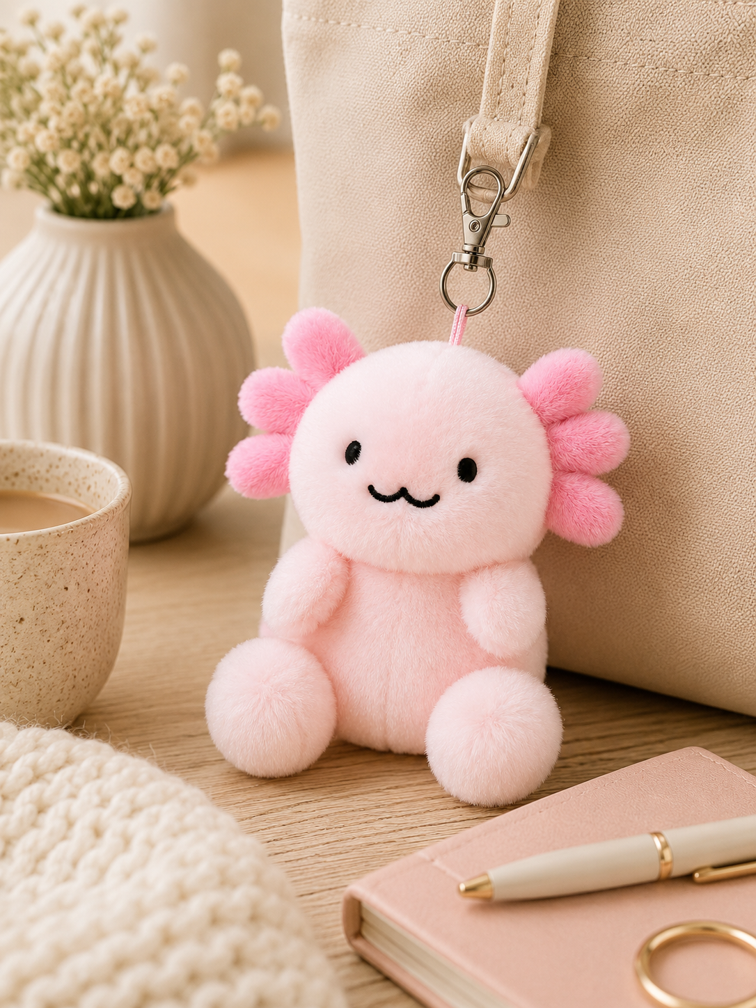 Ax the Axolotl plush bag charm keyring clipped to a cream suede-style tote bag on a wooden table, styled with a ceramic coffee cup, white ceramic vase with dried flowers, pink notebook and pen