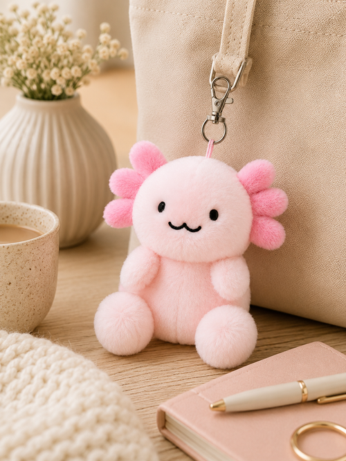 Ax the Axolotl plush bag charm keyring clipped to a cream suede-style tote bag on a wooden table, styled with a ceramic coffee cup, white ceramic vase with dried flowers, pink notebook and pen