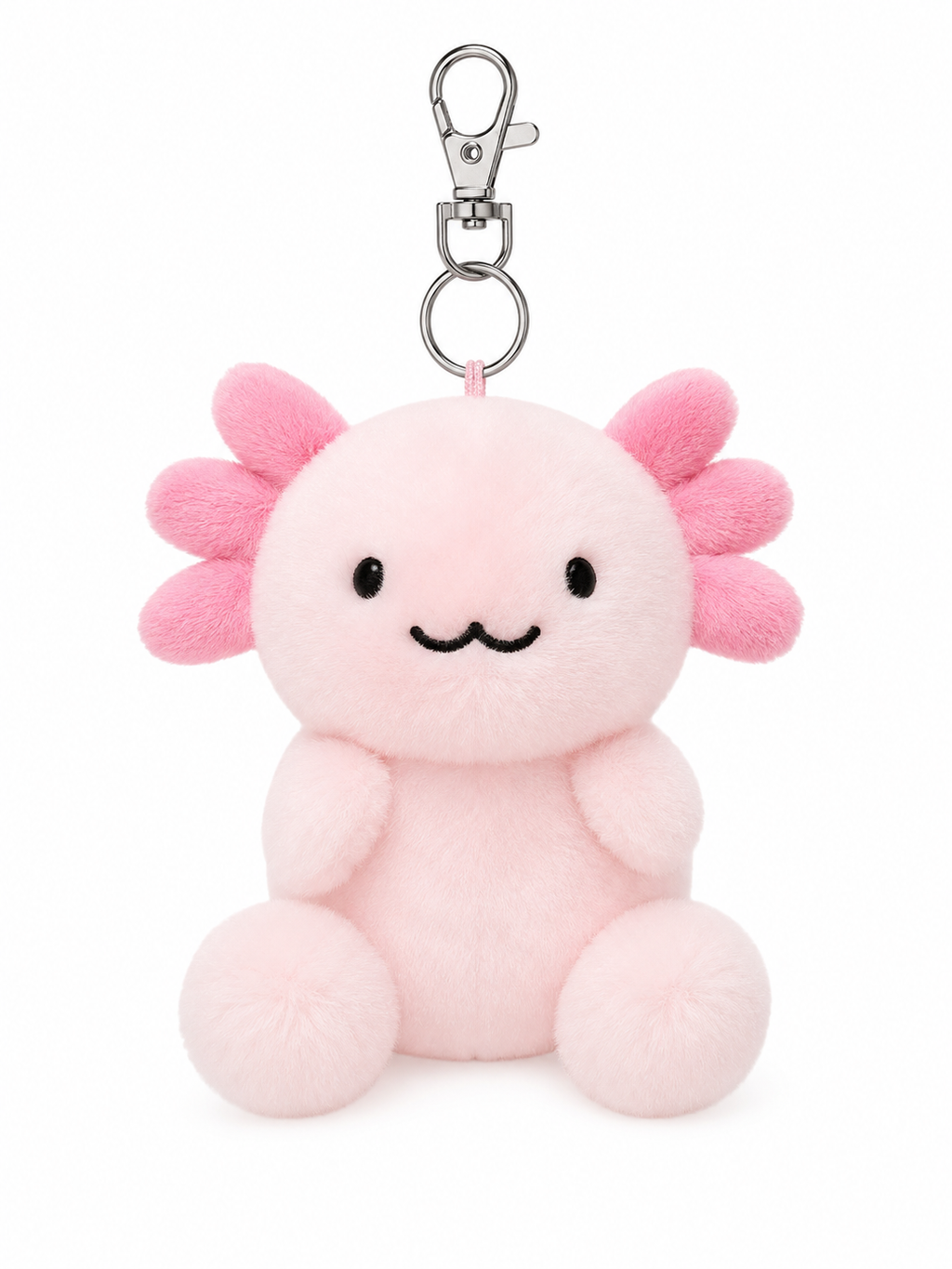 Ax the Axolotl plush bag charm keyring on white background — blush pink plush body with hot pink fluffy gill fronds, black bead eyes, embroidered smile, small rounded arms and pompom feet, pink cord loop and silver lobster clasp