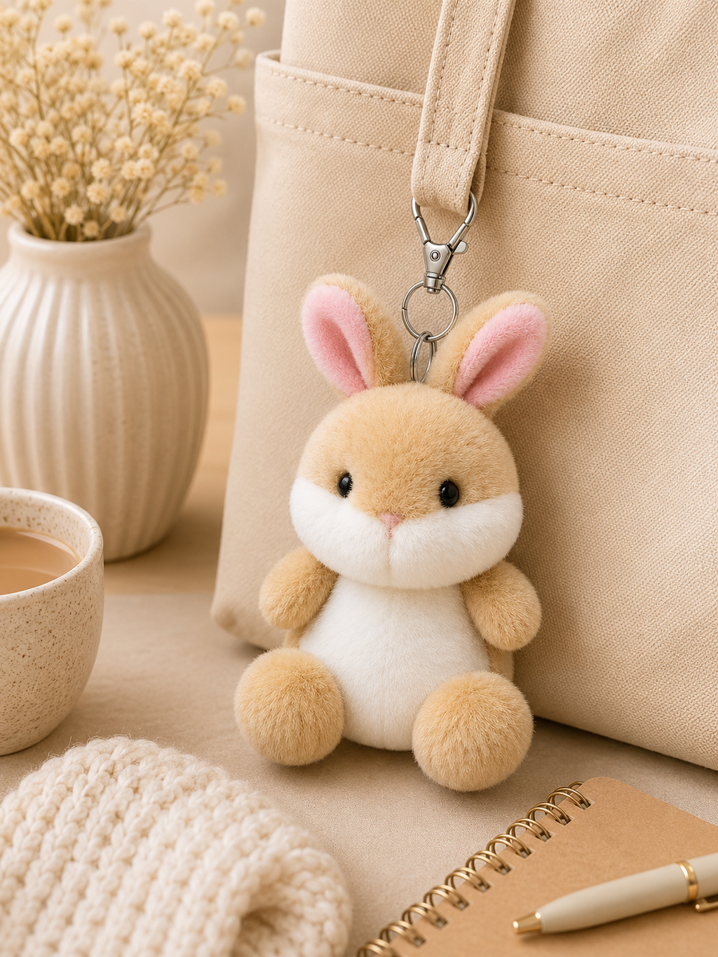 Ella Bunny plush bag charm keyring leaning against a cream canvas tote bag on a neutral surface, styled with a ceramic coffee cup, white ribbed vase with dried flowers, spiral notebook, pen, and knit fabric