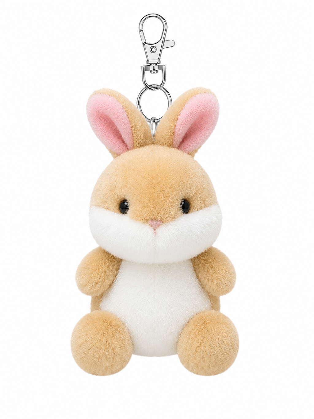 Ella Bunny plush bag charm keyring on white background — honey brown plush body with cream white belly and muzzle, pink inner ears, black bead eyes, embroidered pink nose, rounded arms and pompom feet, silver lobster clasp and keyring