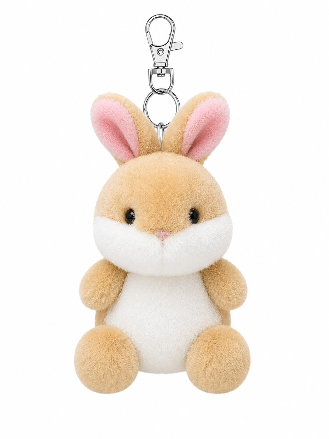Ella Bunny plush bag charm keyring on white background — honey brown plush body with cream white belly and muzzle, pink inner ears, black bead eyes, embroidered pink nose, rounded arms and pompom feet, silver lobster clasp and keyring