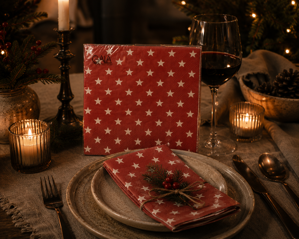 Pack of red Gala paper napkins with white star print propped on a candlelit Christmas dinner table with a folded napkin tied with twine and pine sprig on a ceramic plate, wine glass and Christmas tree in the background — Mistletoe Home