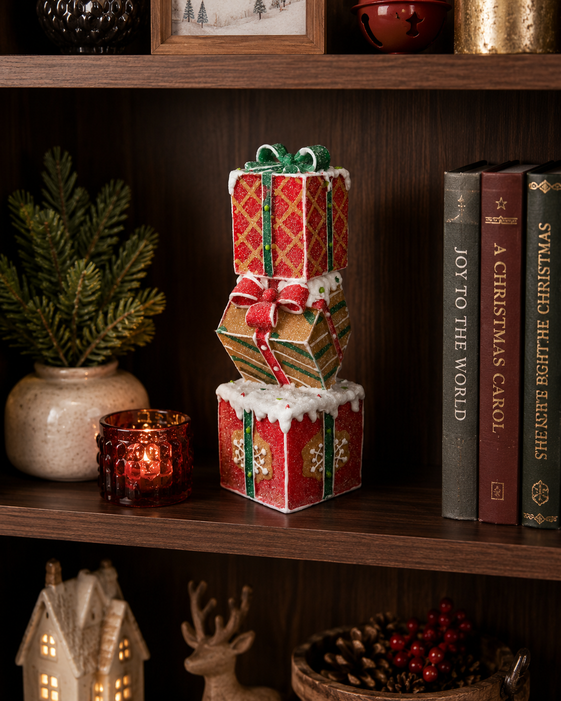 Three-tier glittery stacked gift box Christmas decoration in red, gold and green with snow detail, ribbon bows and gingerbread motifs, styled on a dark timber bookshelf with pine branches, red votive candle and Christmas books — Mistletoe Home