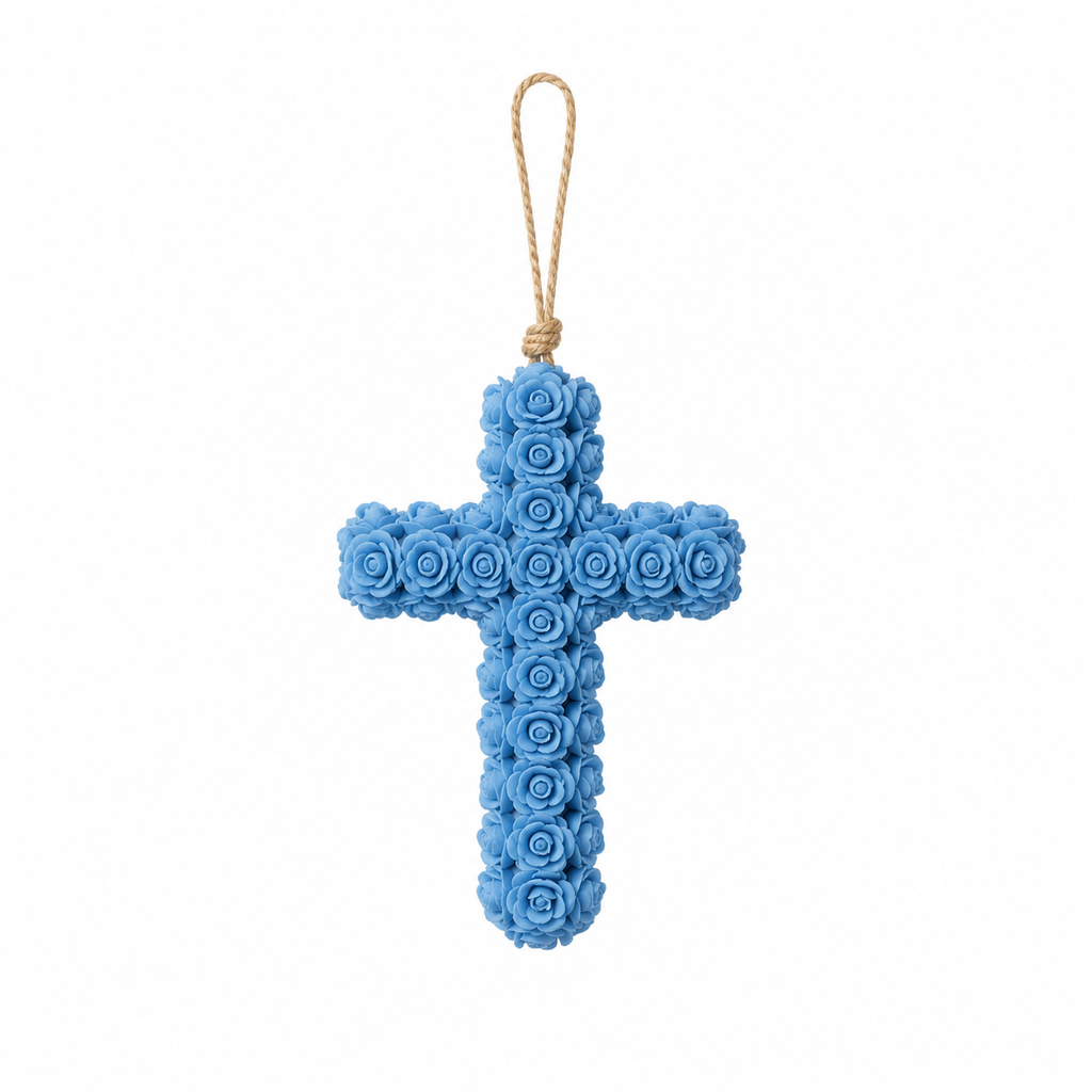 Blue rose-detailed resin hanging cross with natural jute loop on white background