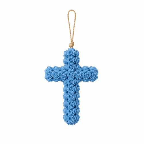 Blue rose-detailed resin hanging cross with natural jute loop on white background
