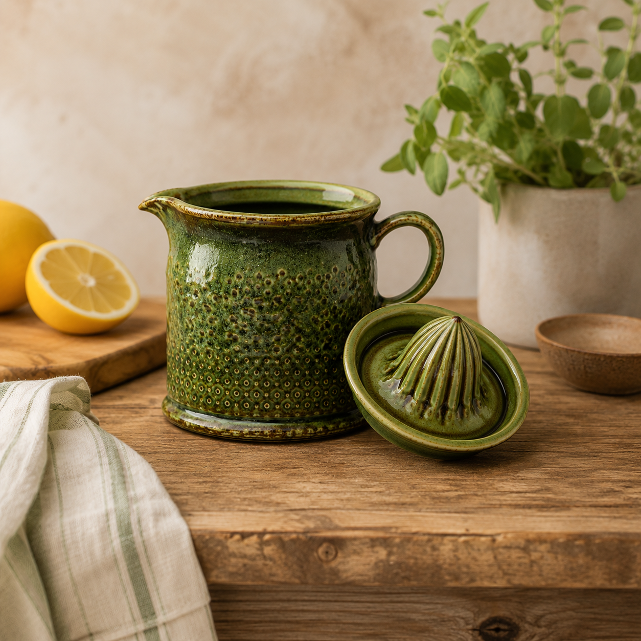 Olive green ceramic citrus juicer set styled on timber bench with fresh lemons, herb plant and linen tea towel
