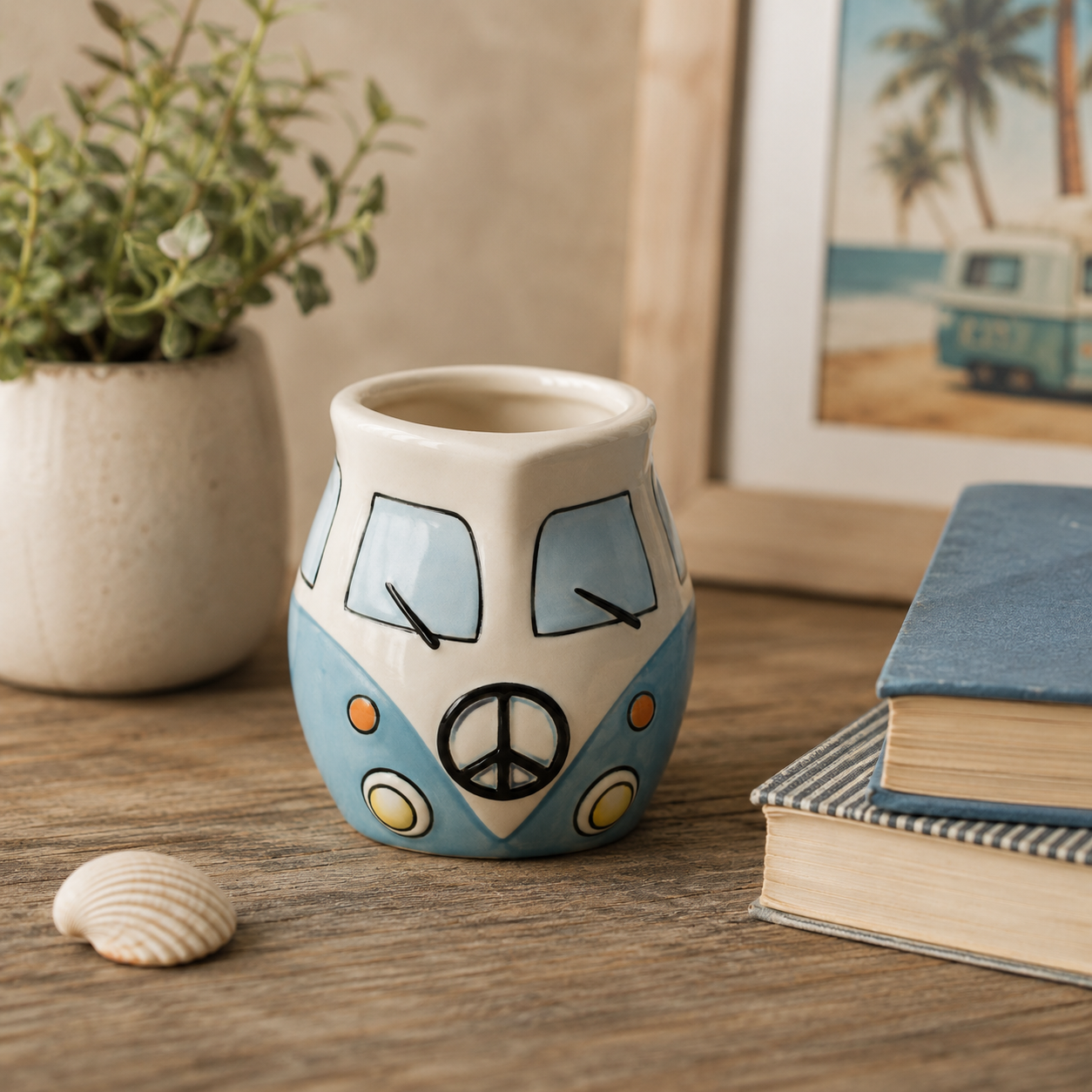 Ceramic combi van milk jug styled with seashell, stacked books and coastal palm tree art print