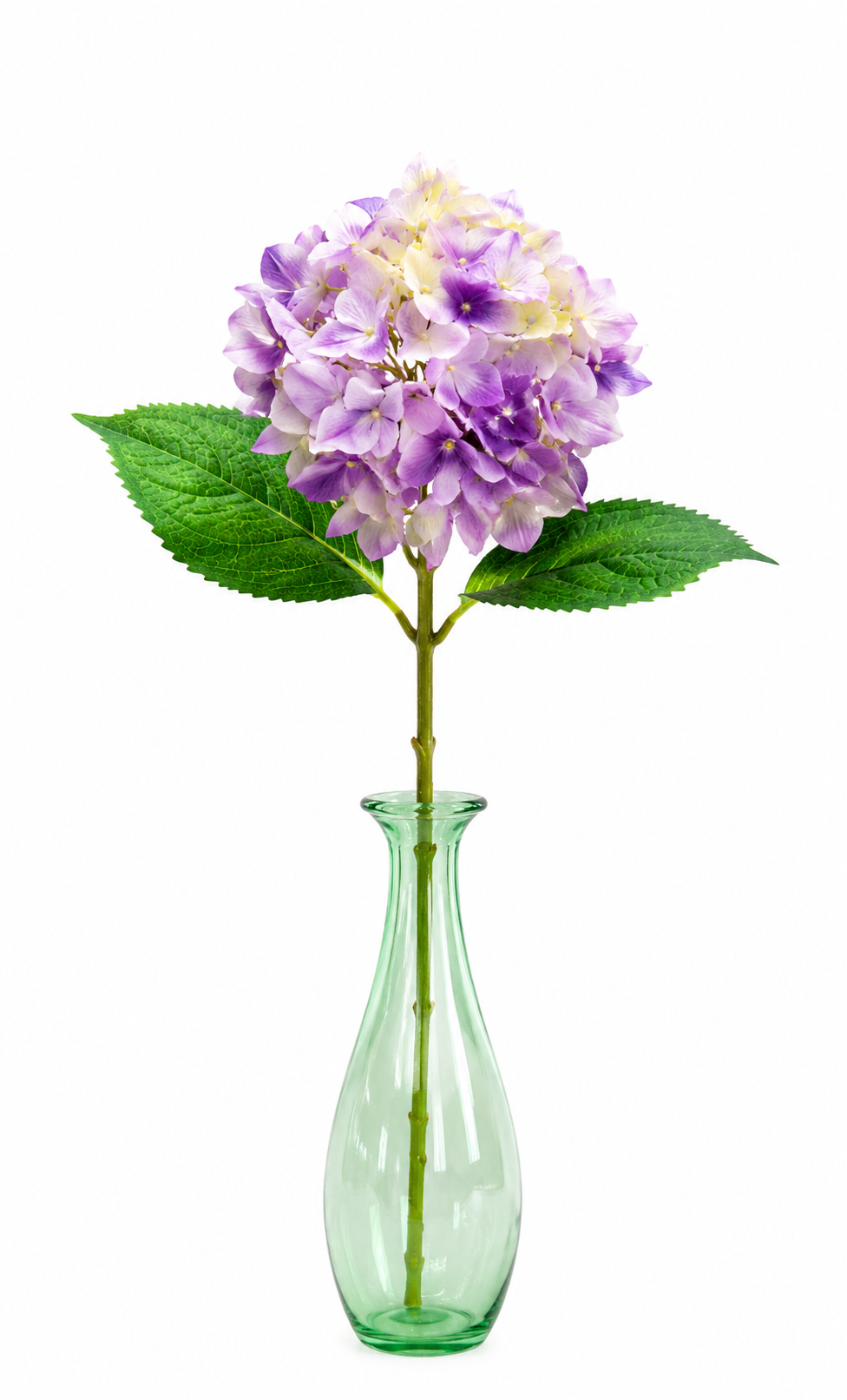 Single lilac faux hydrangea stem with green leaves in a green glass vase on white background