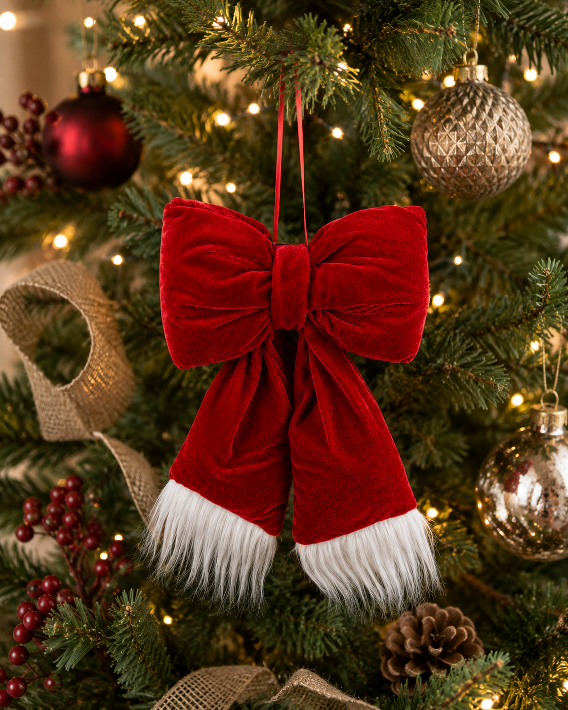 Red velvet Christmas bow with white fur trim hanging on a decorated Christmas tree — Mistletoe Home Australia