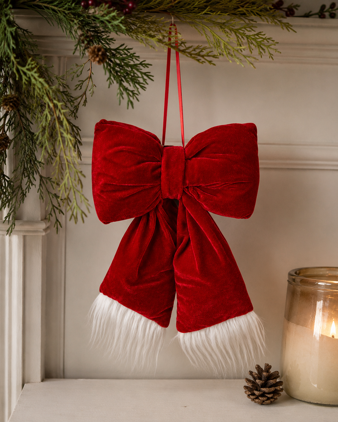 Red velvet Christmas bow with white fur trim styled on a Christmas mantle with garland and candle — Mistletoe Home Australia