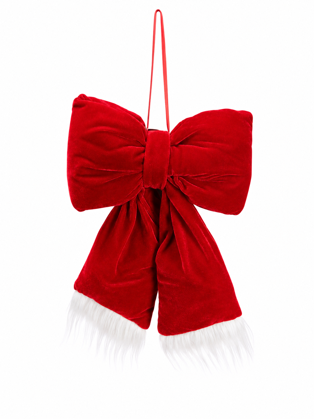 Red velvet Christmas bow with white faux fur trim product shot on white background — Mistletoe Home Australia