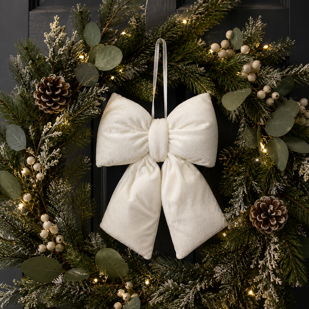 Cream velvet Christmas bow with subtle textural detail hanging on a Christmas wreath with eucalyptus and pinecones — Mistletoe Home Australia