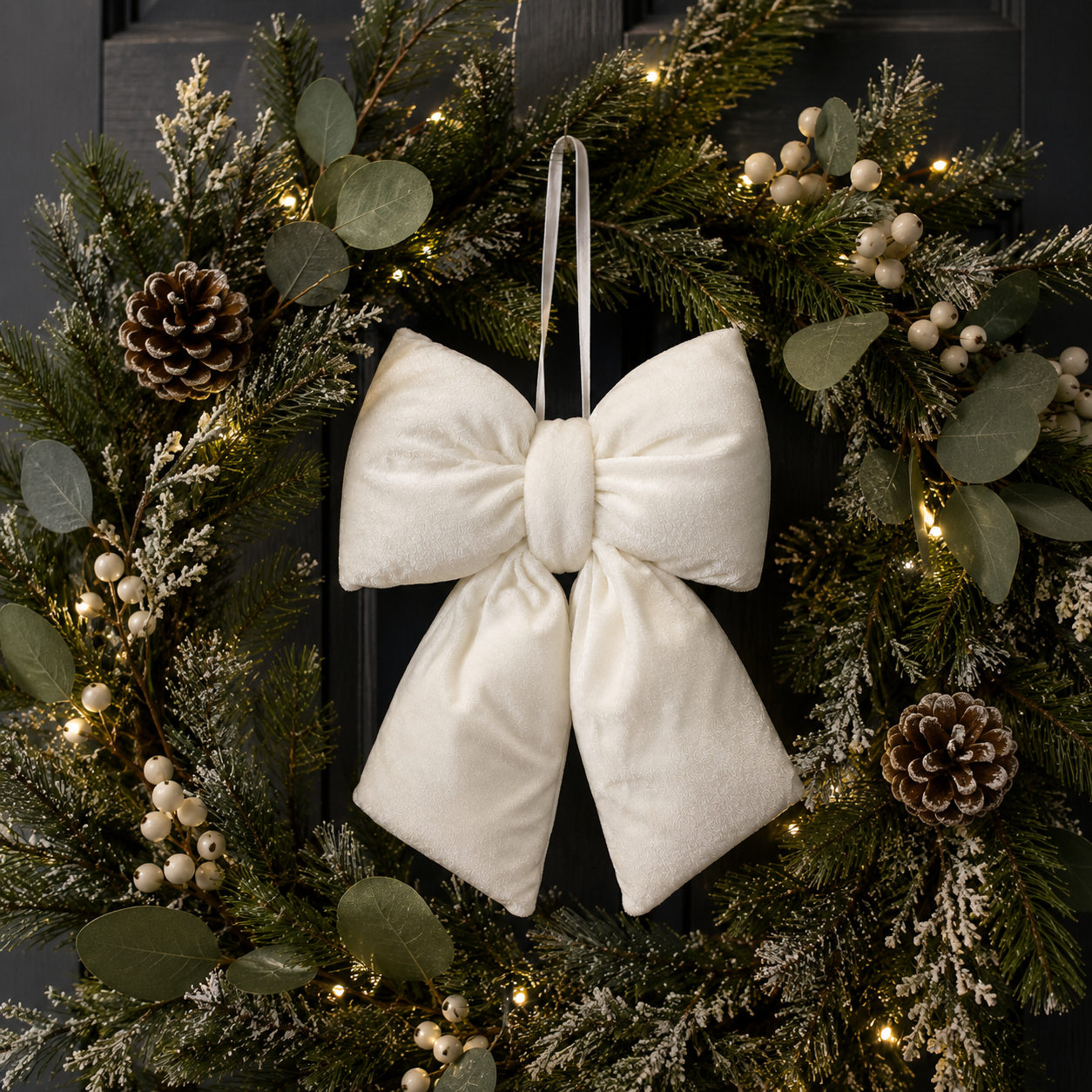 Cream velvet Christmas bow with subtle textural detail hanging on a Christmas wreath with eucalyptus and pinecones — Mistletoe Home Australia