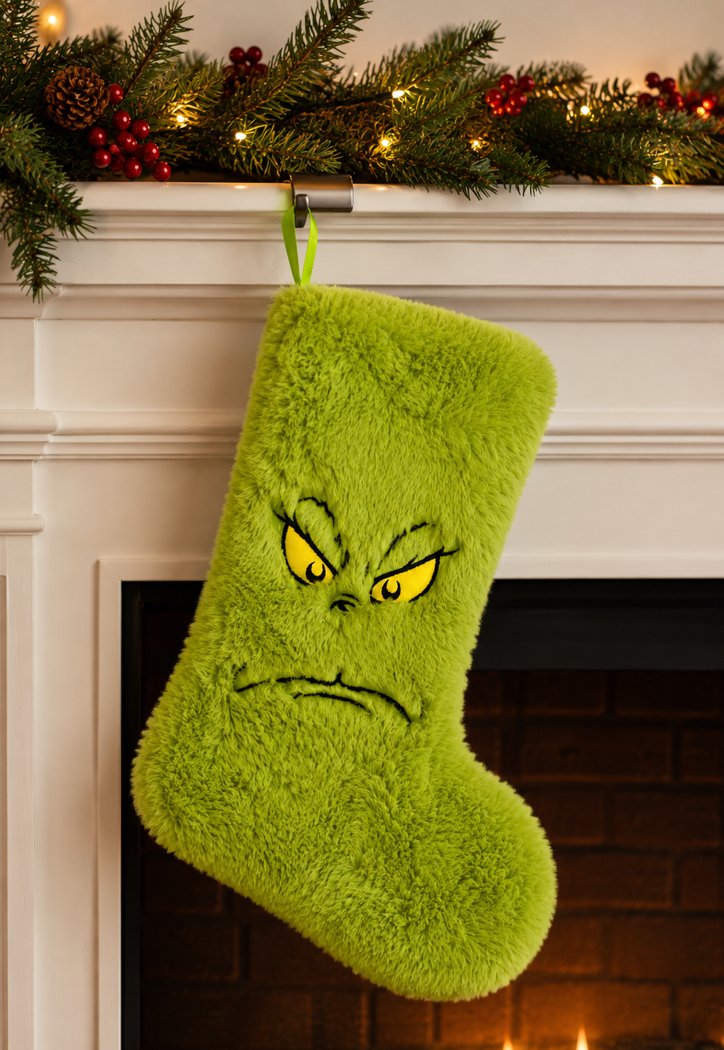 Grinch fluffy green plush Christmas stocking with embroidered scowling face hanging on a Christmas mantle — Mistletoe Home Australia