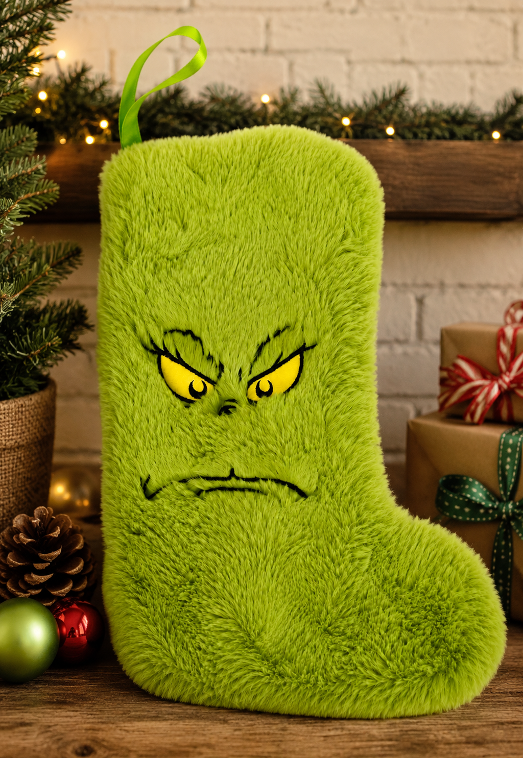 Grinch fluffy green plush Christmas stocking with embroidered scowling face — Mistletoe Home Australia