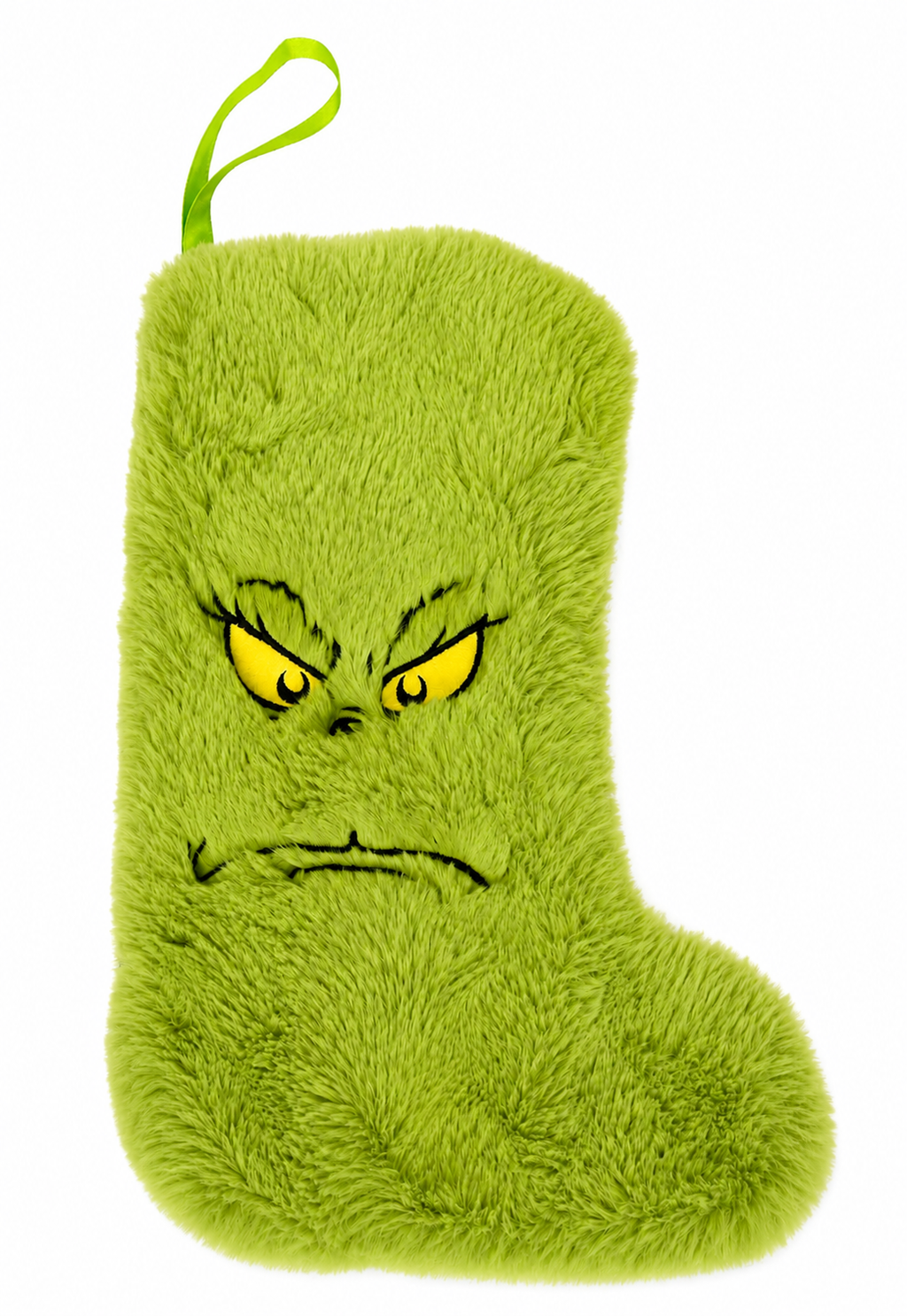Grinch fluffy green plush Christmas stocking with embroidered scowling face on a white background — Mistletoe Home Australia