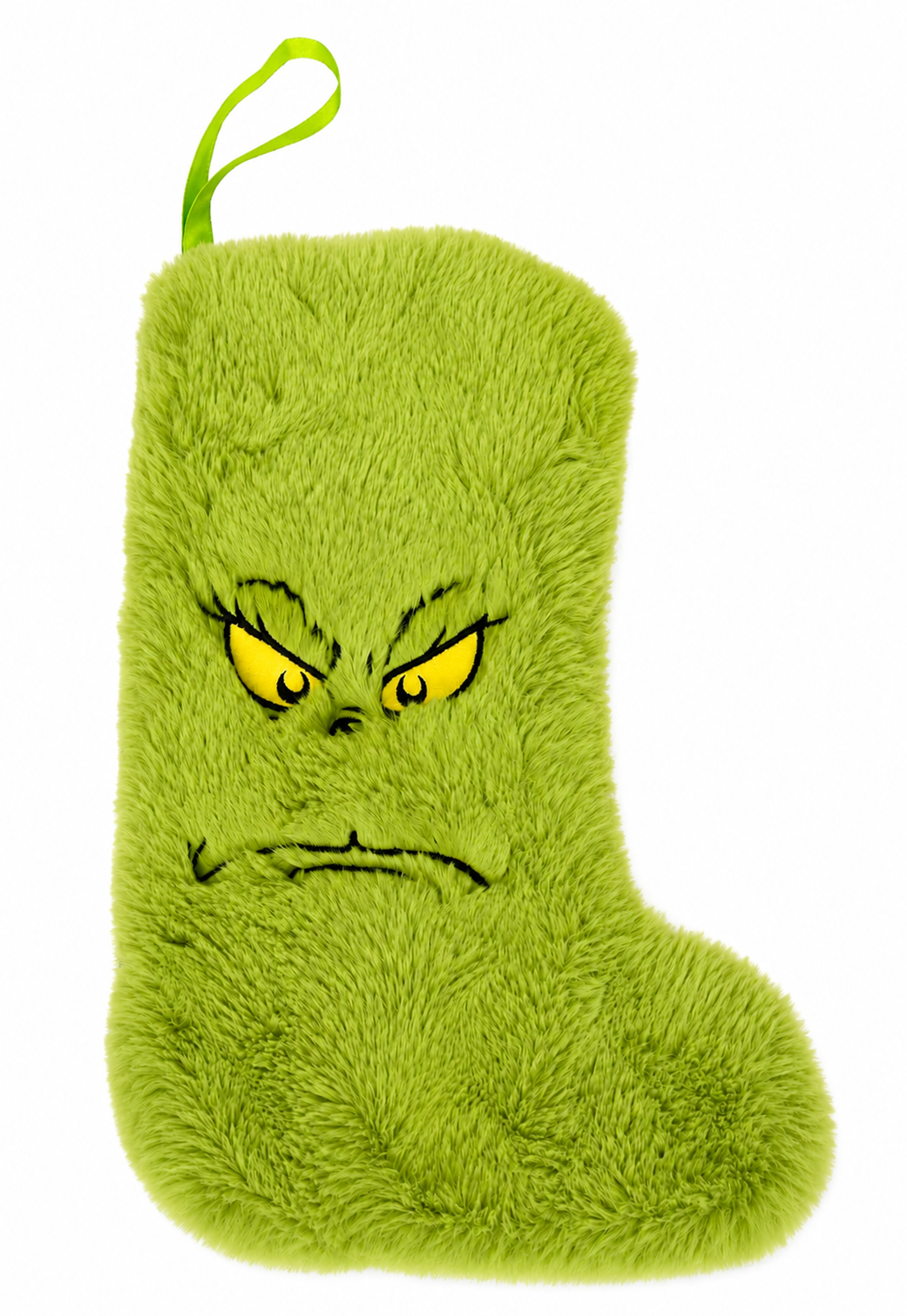 Grinch fluffy green plush Christmas stocking with embroidered scowling face on a white background — Mistletoe Home Australia