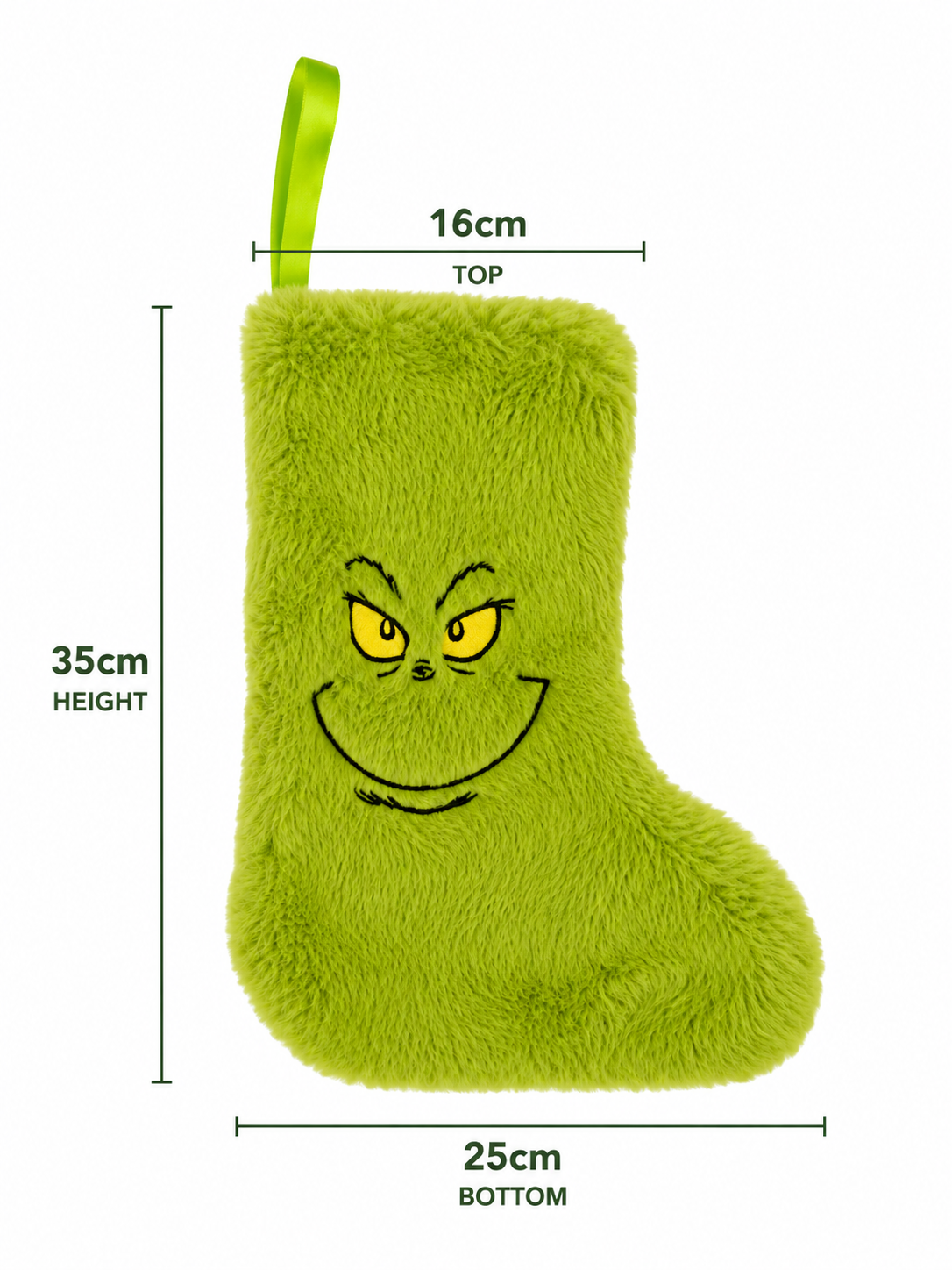 Grinch plush Christmas stocking with dimensions — 35cm tall, 16cm wide at top, 25cm wide at bottom