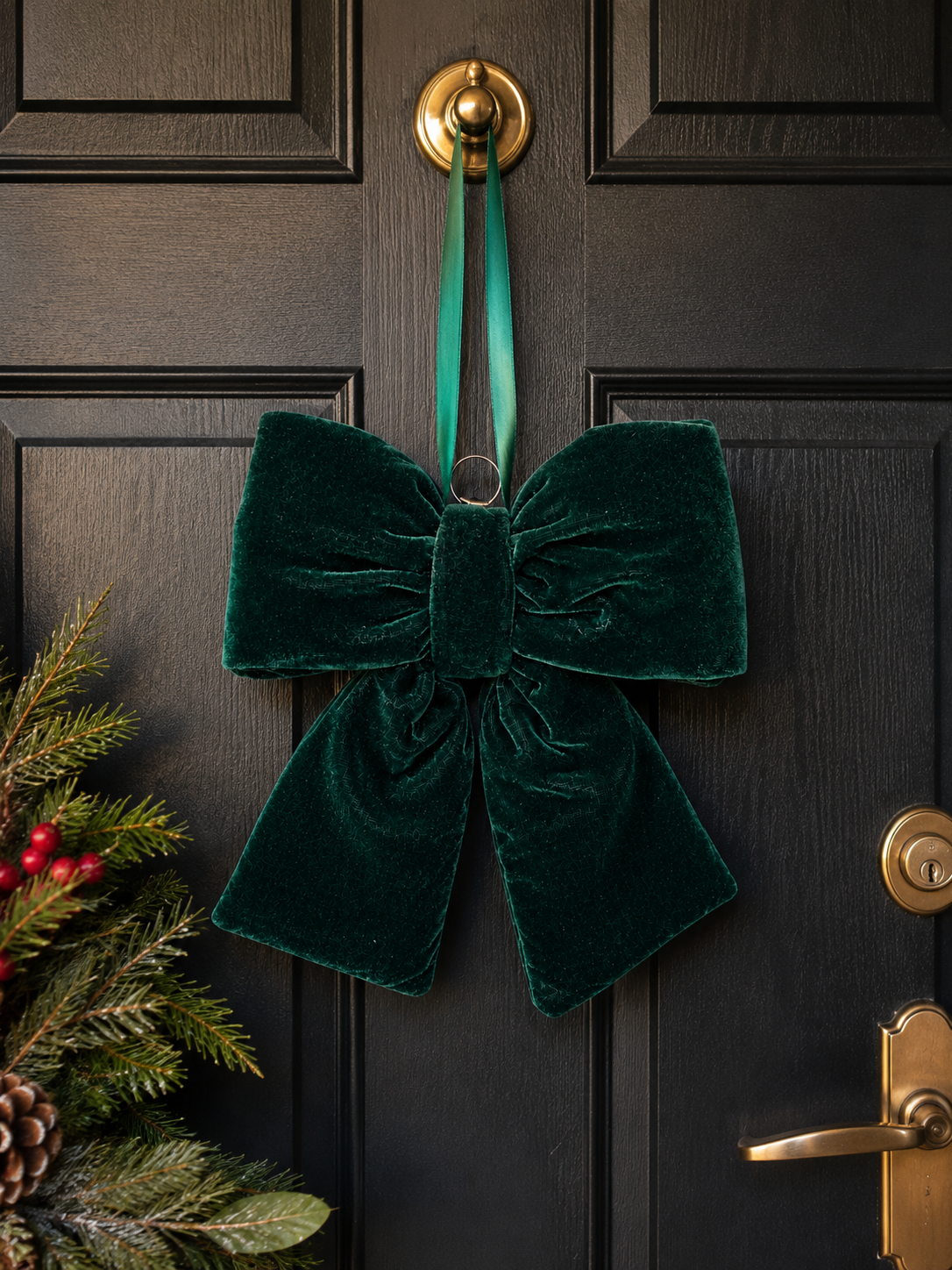 Emerald green velvet bow hanging on a dark front door next to a Christmas wreath with pine, holly and red berries