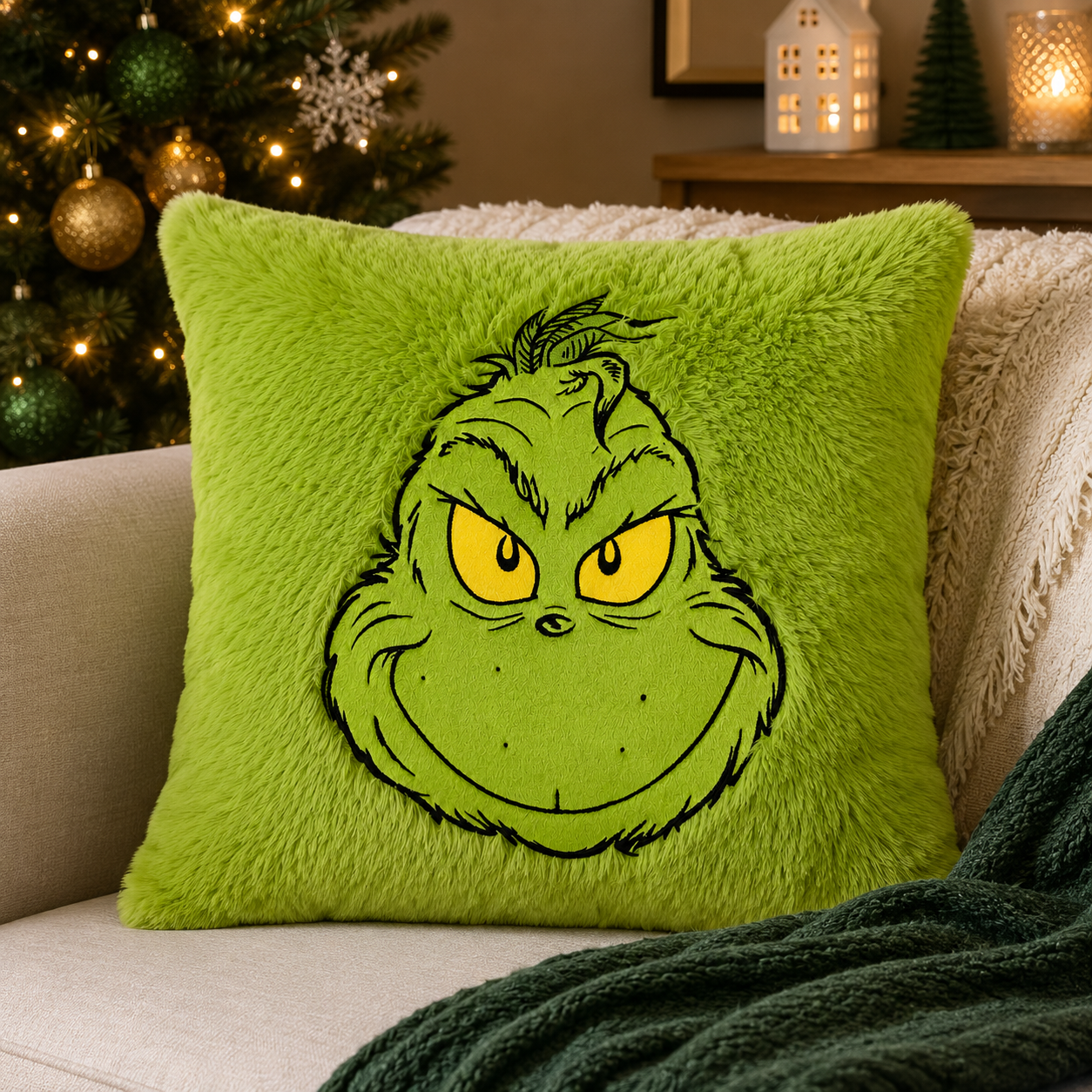 Grinch plush cushion sitting on a cream sofa next to a lit Christmas tree with gold and green ornaments