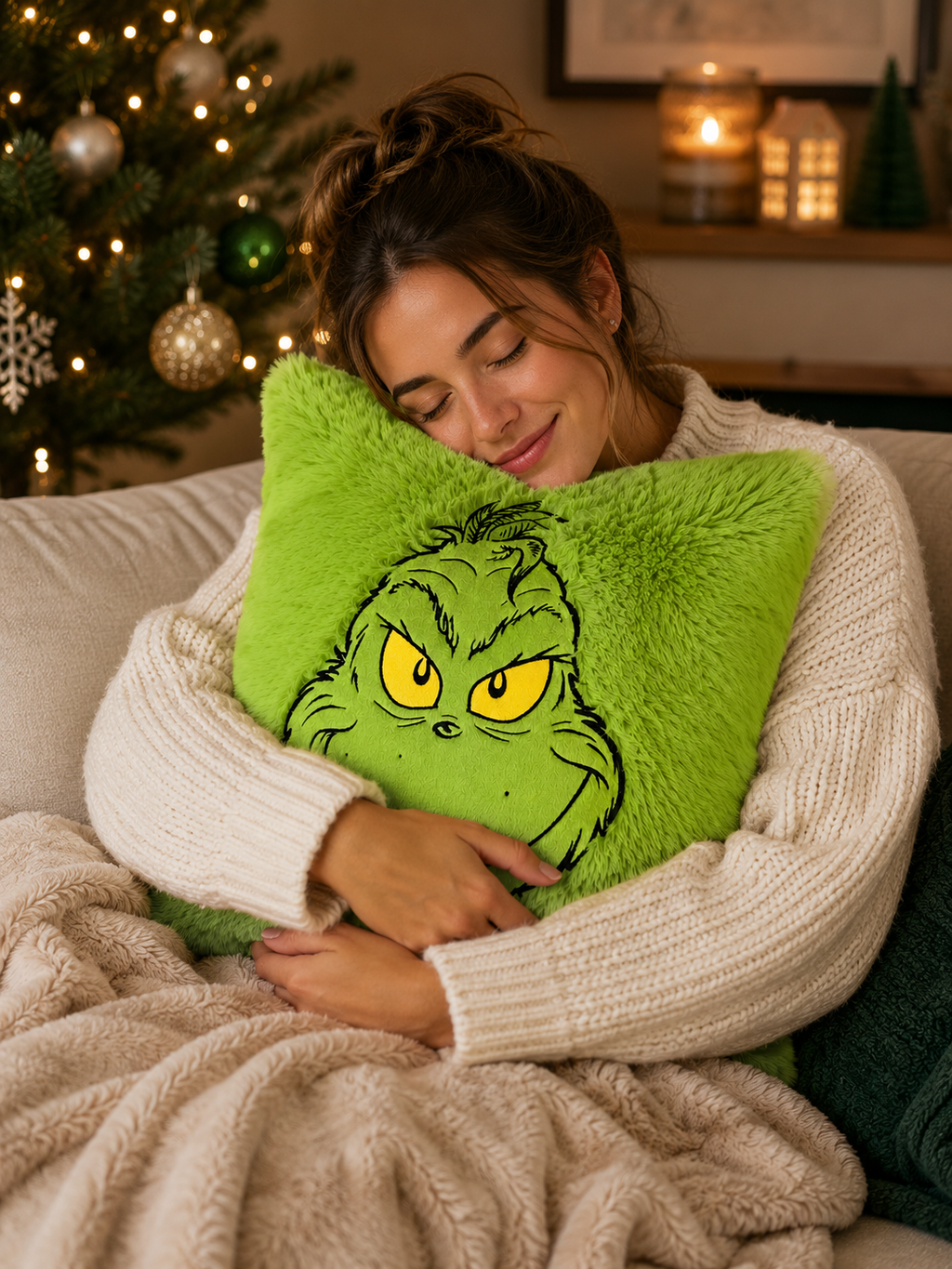 Woman in a cream knit jumper hugging a Grinch plush cushion while sitting on a sofa near a Christmas tree